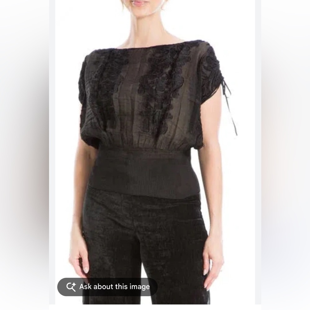 Max Studio Black Sheer Embroidered Waistband Blouse